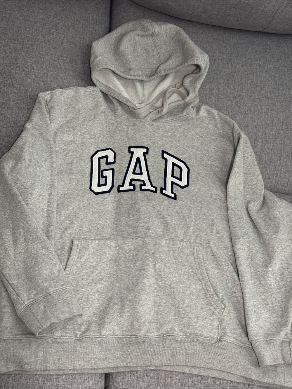 GAP Gray Hooded Crewneck Sweatshirt with Navy Outline Logo